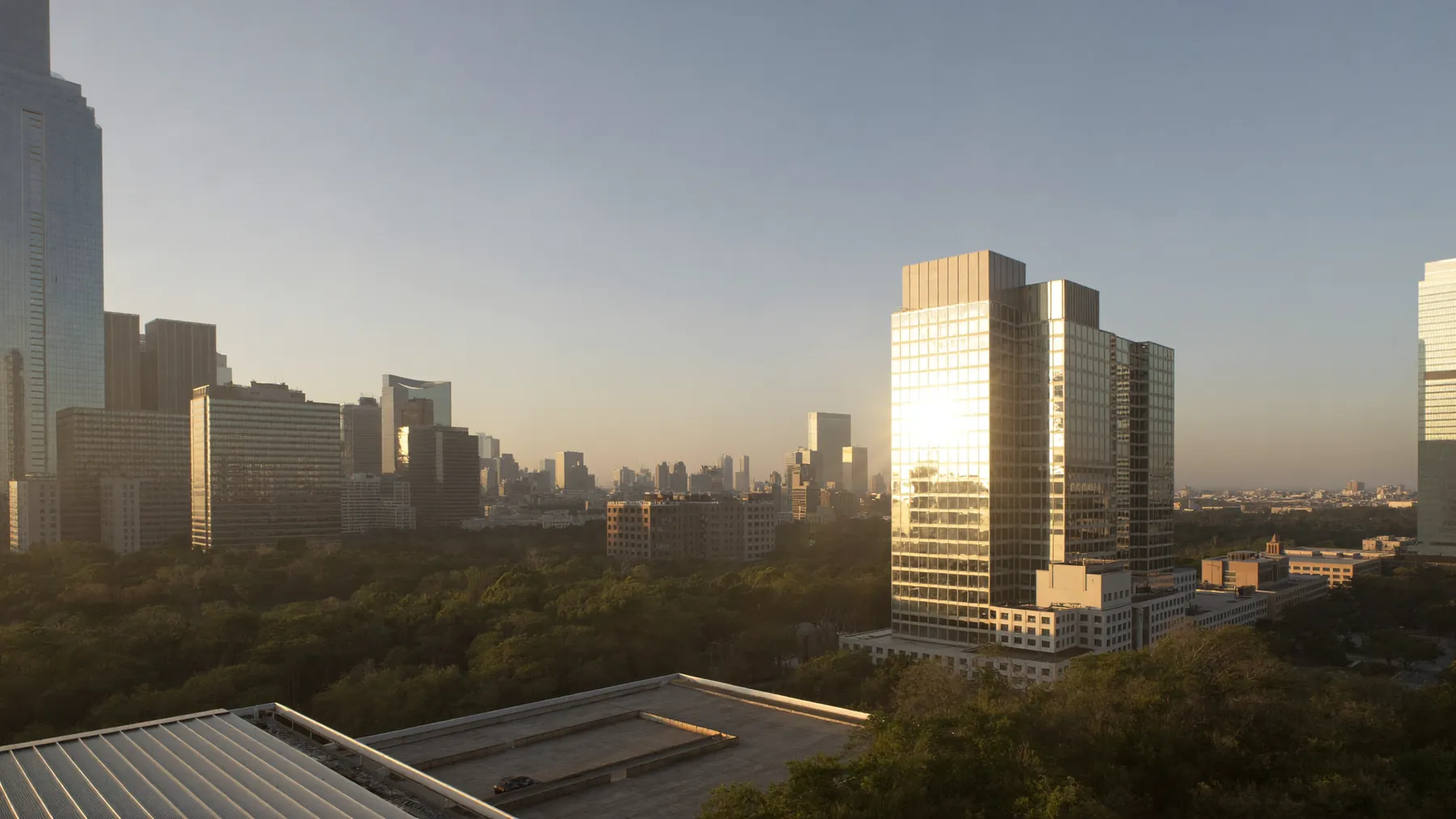 A wide Texas cityscape at golden hour seen from a high terrace, warm light across glass towers and live oaks