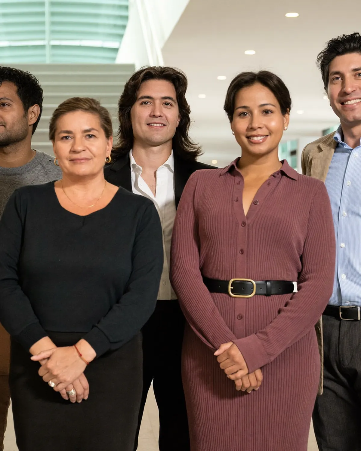 A leadership cohort of nine people of many nationalities standing in a bright atrium