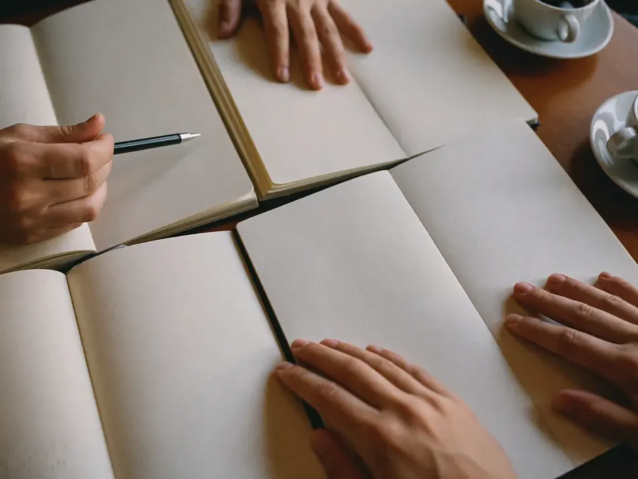 Hands of several people of different skin tones over open notebooks at a workshop table