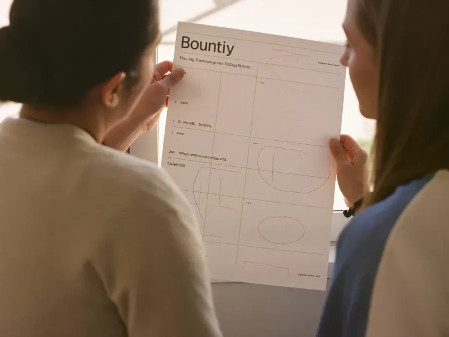 Two colleagues reviewing a printed schedule together at a tall window