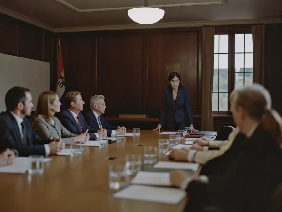 A formal briefing around a conference table in a government agency meeting room