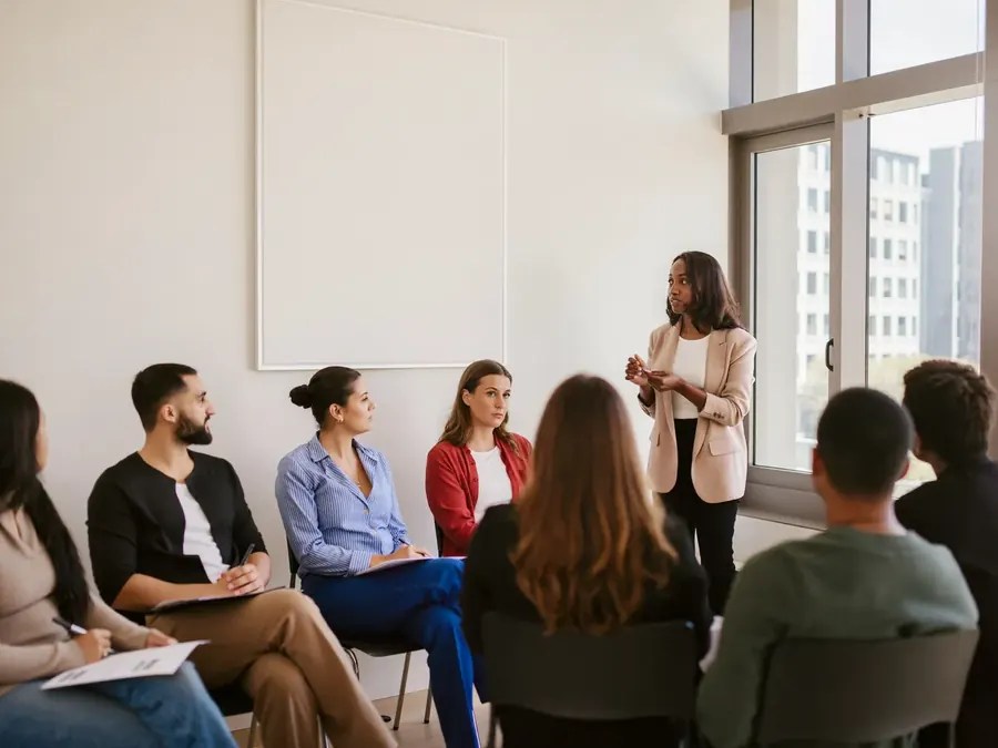 A facilitator leading a leadership training session for a diverse cohort in a bright room